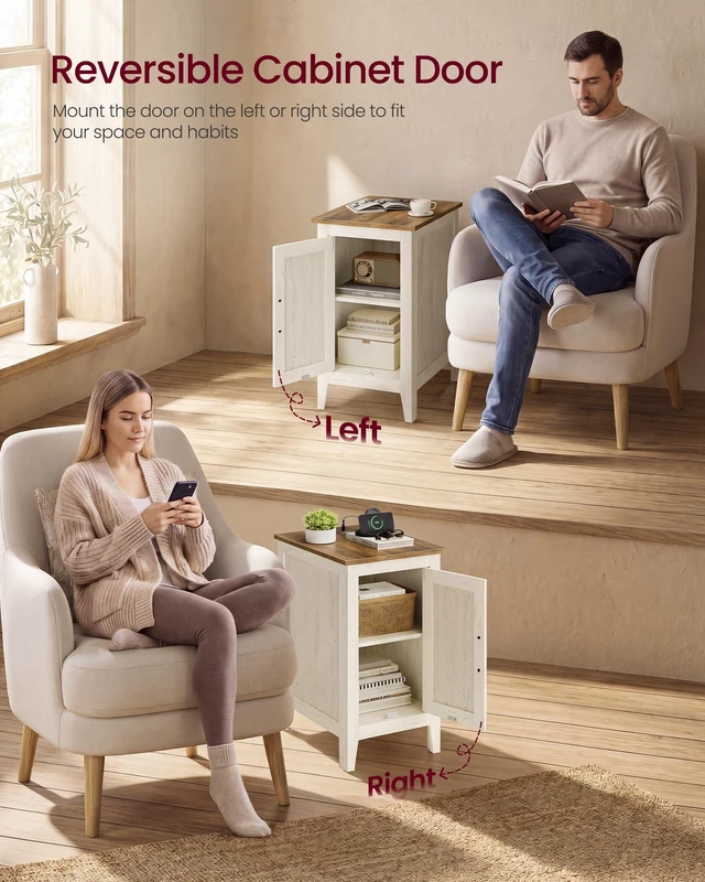 Alt view image 3 of 6 - Side Table with Charging Station and Storage Cabinet, Nightstand | Farmhouse Narrow End Bedside Table for Living Room Bedroom Office, Rustic White and Honey Brown, LIRY Collection ULET131W101S