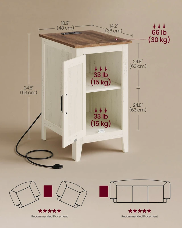 Alt view image 5 of 6 - Side Table with Charging Station and Storage Cabinet, Nightstand | Farmhouse Narrow End Bedside Table for Living Room Bedroom Office, Rustic White and Honey Brown, LIRY Collection ULET131W101S
