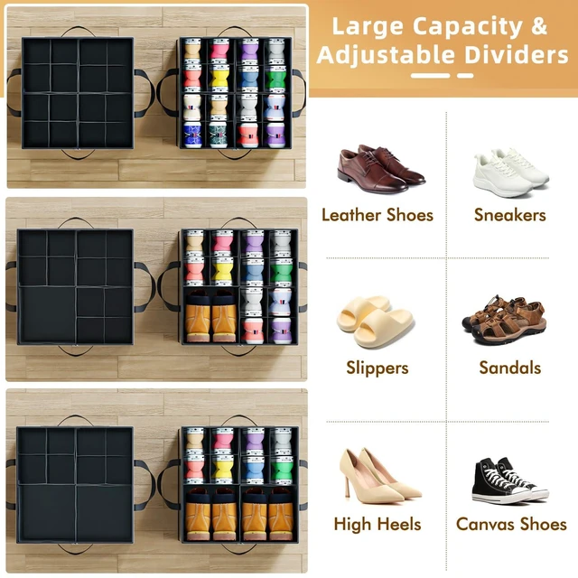 Alt view image 2 of 7 - Large Reinforced 2 Pack Shoe Organizer for Closet with Adjustable Dividers | Customizable Compartments for Sneakers, Boots, Heels, Sandals, Clothes, Towels, Versatile Cube Storage Organizer, Black