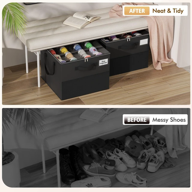 Alt view image 4 of 7 - Large Reinforced 2 Pack Shoe Organizer for Closet with Adjustable Dividers | Customizable Compartments for Sneakers, Boots, Heels, Sandals, Clothes, Towels, Versatile Cube Storage Organizer, Black