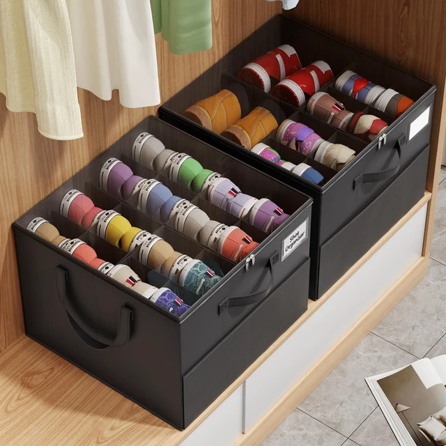 Alt view image 7 of 7 - Large Reinforced 2 Pack Shoe Organizer for Closet with Adjustable Dividers | Customizable Compartments for Sneakers, Boots, Heels, Sandals, Clothes, Towels, Versatile Cube Storage Organizer, Black