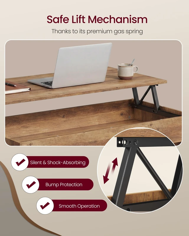 Alt view image 3 of 5 - Lift Top Coffee Table with Hidden Storage, Gas Spring | Lift Tabletop Dining Table, Open Storage Shelf, for Living Room, Home Office, Honey Brown, MIRANTA Collection ULCT268KB01S