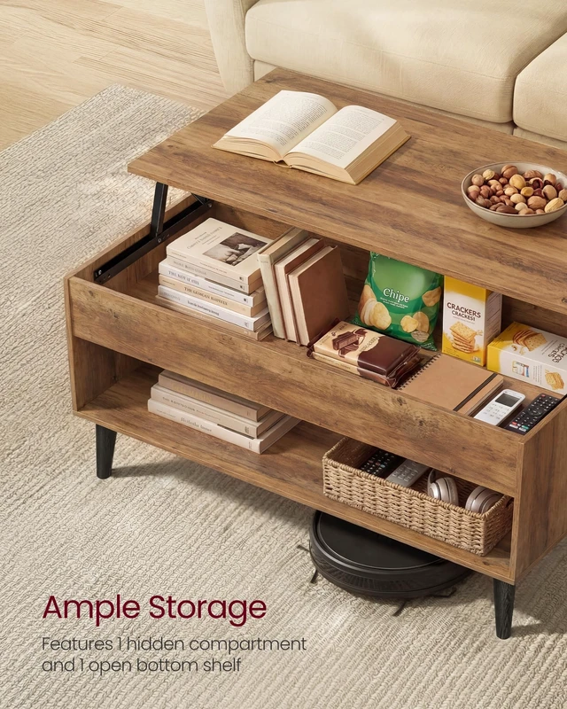 Alt view image 4 of 5 - Lift Top Coffee Table with Hidden Storage, Gas Spring | Lift Tabletop Dining Table, Open Storage Shelf, for Living Room, Home Office, Honey Brown, MIRANTA Collection ULCT268KB01S