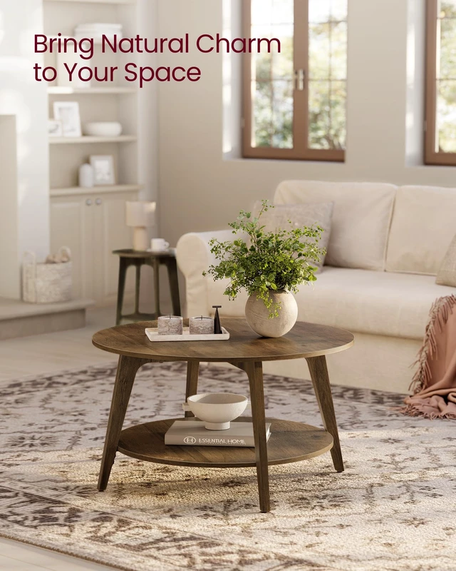 Alt view image 2 of 7 - Round Coffee Table, 2-Tier Center Table with Storage, Tapered Legs | Curved Transitions, Easy Assembly, for Living Room, 31.5 Dia. x 17.7 H Inches, Honey Brown, MAEZO Collection ULCT243K41