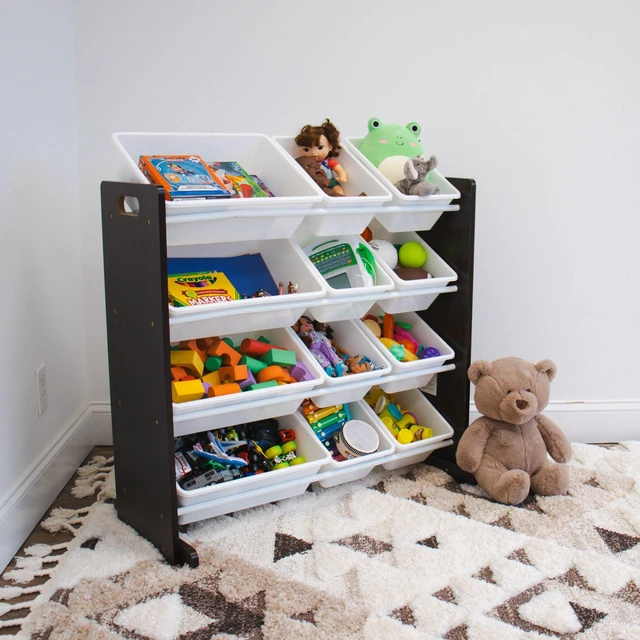 Alt view image 2 of 7 - Kids Toy Organizer with 12 Bins, 4 Tier Storage for Playroom | Sturdy wood and steel toddler shelf, removable BPA-free containers, wall anchor anti-tip safety kit for bedroom or classroom