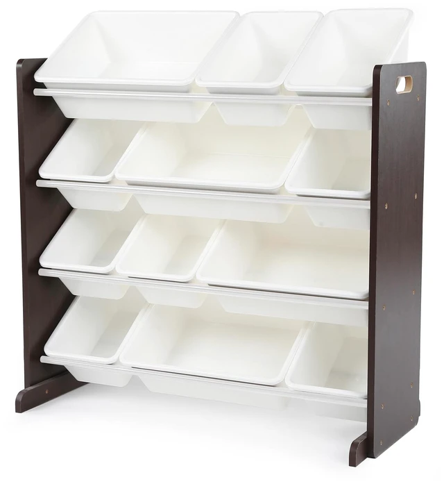 Main image of Kids Toy Organizer with 12 Bins, 4 Tier Storage for Playroom | Sturdy wood and steel toddler shelf, removable BPA-free containers, wall anchor anti-tip safety kit for bedroom or classroom