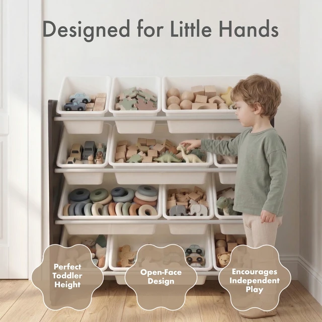 Alt view image 3 of 7 - Kids Toy Organizer with 12 Bins, 4 Tier Storage for Playroom | Sturdy wood and steel toddler shelf, removable BPA-free containers, wall anchor anti-tip safety kit for bedroom or classroom