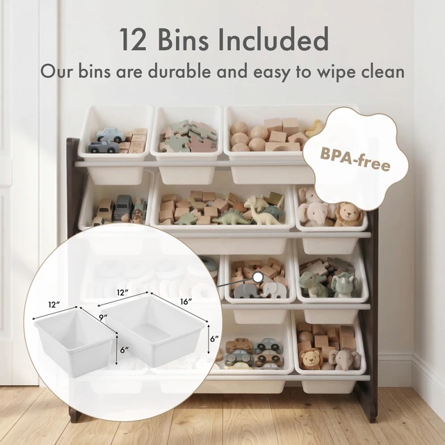 Alt view image 4 of 7 - Kids Toy Organizer with 12 Bins, 4 Tier Storage for Playroom | Sturdy wood and steel toddler shelf, removable BPA-free containers, wall anchor anti-tip safety kit for bedroom or classroom