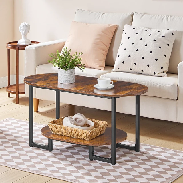 Alt view image 2 of 7 - Coffee Table for Living Room, Oval Small Coffee Table with 2-Tier Open Storage Shelf, Industrial Cocktail Tea Table, Wooden Desktop Center Table, Farmhouse, Home Office, Rustic Brown BF09KF01