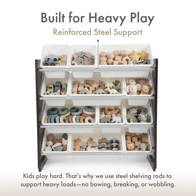 Alt view image 5 of 7 - Kids Toy Organizer with 12 Bins, 4 Tier Storage for Playroom | Sturdy wood and steel toddler shelf, removable BPA-free containers, wall anchor anti-tip safety kit for bedroom or classroom