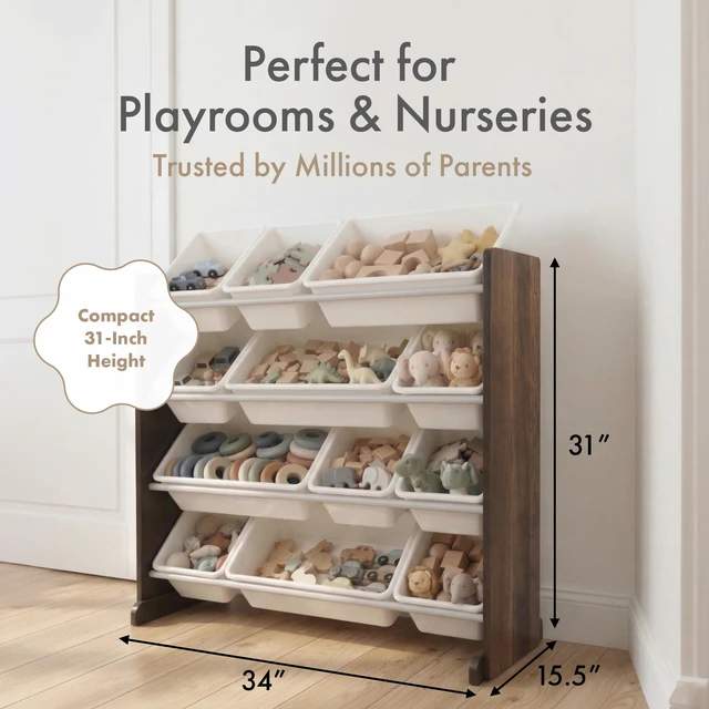 Alt view image 7 of 7 - Kids Toy Organizer with 12 Bins, 4 Tier Storage for Playroom | Sturdy wood and steel toddler shelf, removable BPA-free containers, wall anchor anti-tip safety kit for bedroom or classroom