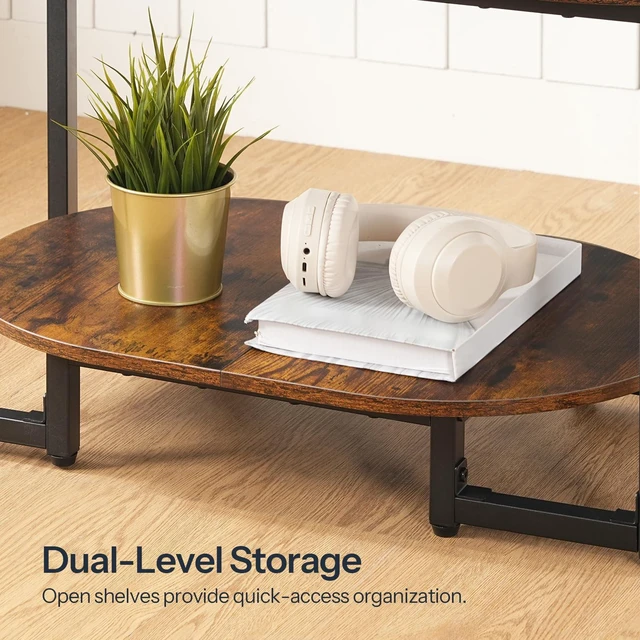 Alt view image 6 of 7 - Coffee Table for Living Room, Oval Small Coffee Table with 2-Tier Open Storage Shelf, Industrial Cocktail Tea Table, Wooden Desktop Center Table, Farmhouse, Home Office, Rustic Brown BF09KF01