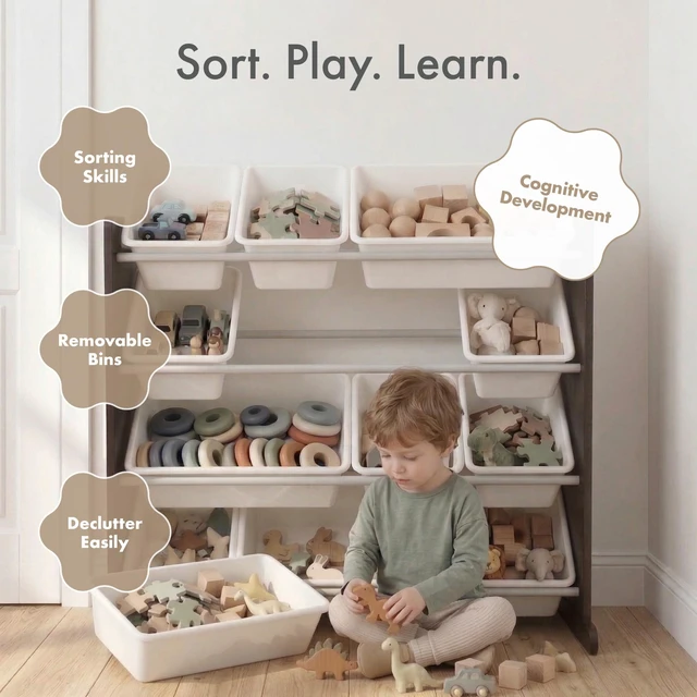 Alt view image 6 of 7 - Kids Toy Organizer with 12 Bins, 4 Tier Storage for Playroom | Sturdy wood and steel toddler shelf, removable BPA-free containers, wall anchor anti-tip safety kit for bedroom or classroom