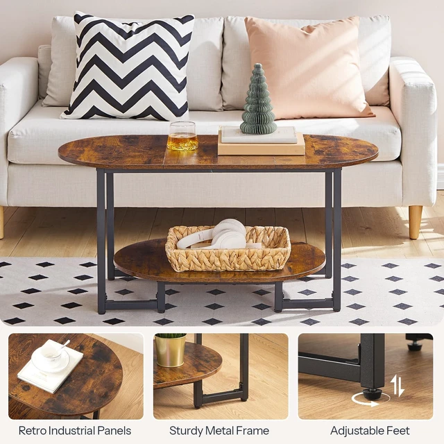 Alt view image 7 of 7 - Coffee Table for Living Room, Oval Small Coffee Table with 2-Tier Open Storage Shelf, Industrial Cocktail Tea Table, Wooden Desktop Center Table, Farmhouse, Home Office, Rustic Brown BF09KF01