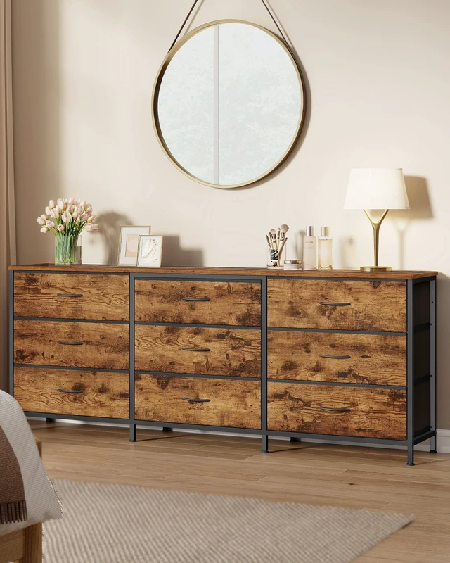 Alt view image 2 of 6 - Dresser with 9 Fabric Drawers, TV Stand for TVs Up to 70 Inches | Wide Dresser, Chest of Drawers for Bedroom and Living Room, Rustic Brown and Ink Black, BELLAH Collection ULGS233KD02S