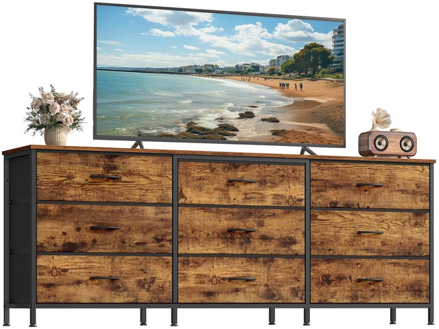 Main image of Dresser with 9 Fabric Drawers, TV Stand for TVs Up to 70 Inches | Wide Dresser, Chest of Drawers for Bedroom and Living Room, Rustic Brown and Ink Black, BELLAH Collection ULGS233KD02S