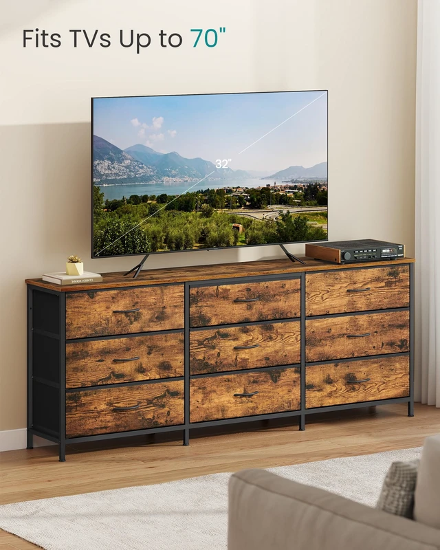 Alt view image 3 of 6 - Dresser with 9 Fabric Drawers, TV Stand for TVs Up to 70 Inches | Wide Dresser, Chest of Drawers for Bedroom and Living Room, Rustic Brown and Ink Black, BELLAH Collection ULGS233KD02S