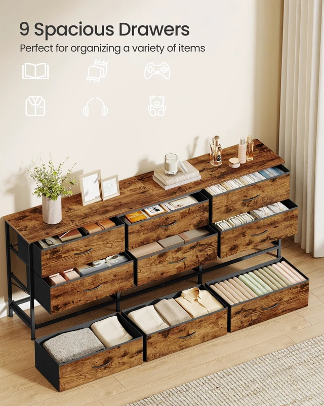 Alt view image 4 of 6 - Dresser with 9 Fabric Drawers, TV Stand for TVs Up to 70 Inches | Wide Dresser, Chest of Drawers for Bedroom and Living Room, Rustic Brown and Ink Black, BELLAH Collection ULGS233KD02S