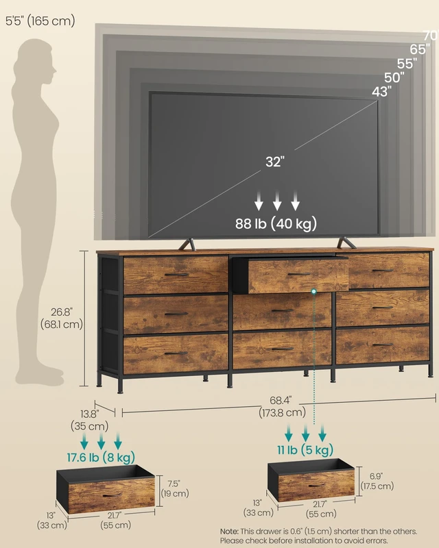 Alt view image 6 of 6 - Dresser with 9 Fabric Drawers, TV Stand for TVs Up to 70 Inches | Wide Dresser, Chest of Drawers for Bedroom and Living Room, Rustic Brown and Ink Black, BELLAH Collection ULGS233KD02S
