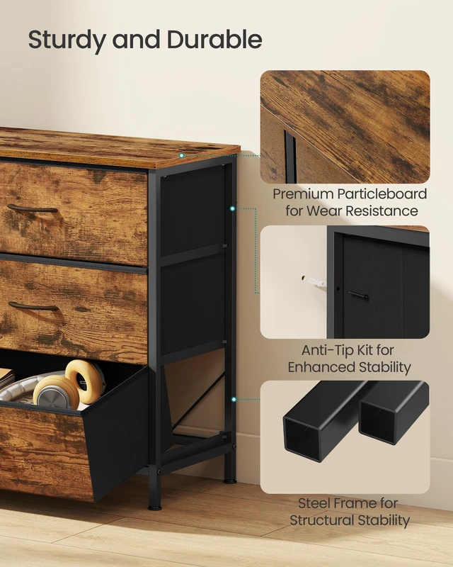Alt view image 5 of 6 - Dresser with 9 Fabric Drawers, TV Stand for TVs Up to 70 Inches | Wide Dresser, Chest of Drawers for Bedroom and Living Room, Rustic Brown and Ink Black, BELLAH Collection ULGS233KD02S