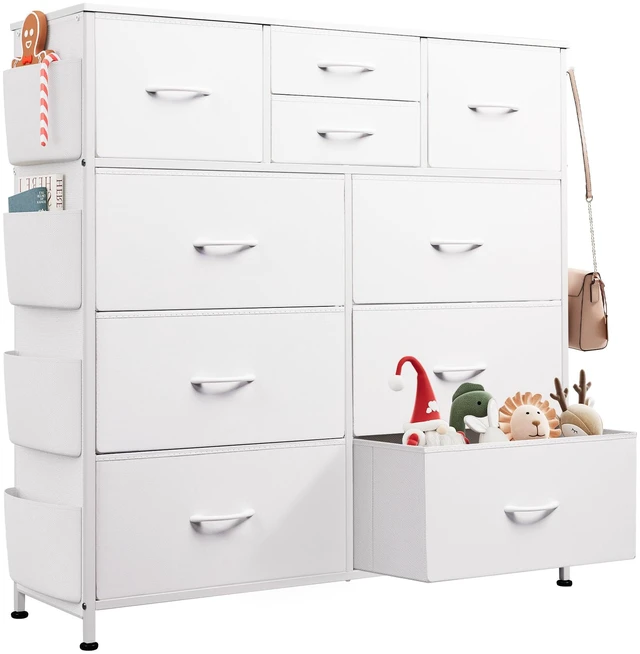Main image of 10 Drawer White Fabric Dresser for Bedroom, Side Pockets Chest | White Fabric chest of drawers with PU Leather & hooks, perfect baby dresser for nursery kids bedroom toddler closet storage