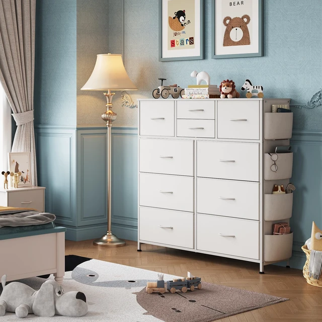 Alt view image 2 of 7 - 10 Drawer White Fabric Dresser for Bedroom, Side Pockets Chest | White Fabric chest of drawers with PU Leather & hooks, perfect baby dresser for nursery kids bedroom toddler closet storage