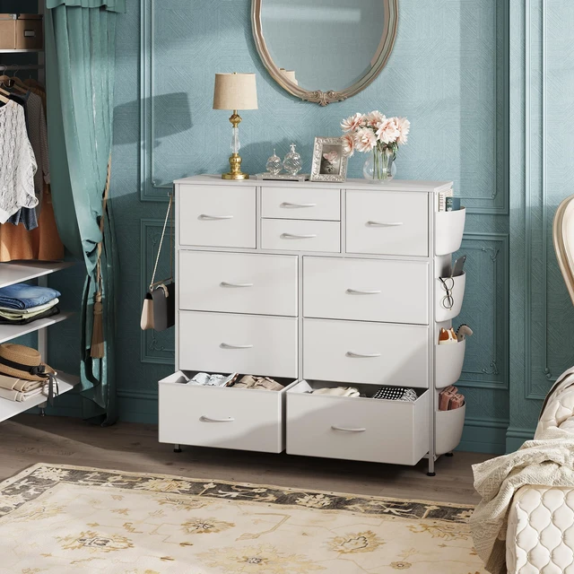 Alt view image 3 of 7 - 10 Drawer White Fabric Dresser for Bedroom, Side Pockets Chest | White Fabric chest of drawers with PU Leather & hooks, perfect baby dresser for nursery kids bedroom toddler closet storage