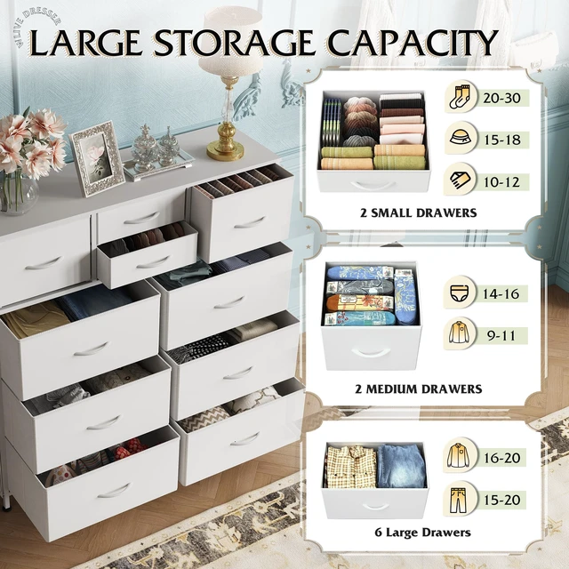 Alt view image 4 of 7 - 10 Drawer White Fabric Dresser for Bedroom, Side Pockets Chest | White Fabric chest of drawers with PU Leather & hooks, perfect baby dresser for nursery kids bedroom toddler closet storage