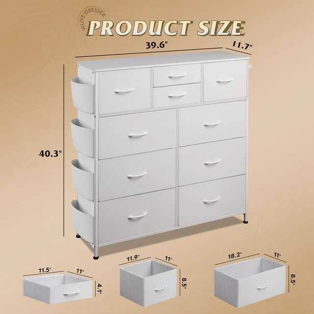 Alt view image 6 of 7 - 10 Drawer White Fabric Dresser for Bedroom, Side Pockets Chest | White Fabric chest of drawers with PU Leather & hooks, perfect baby dresser for nursery kids bedroom toddler closet storage