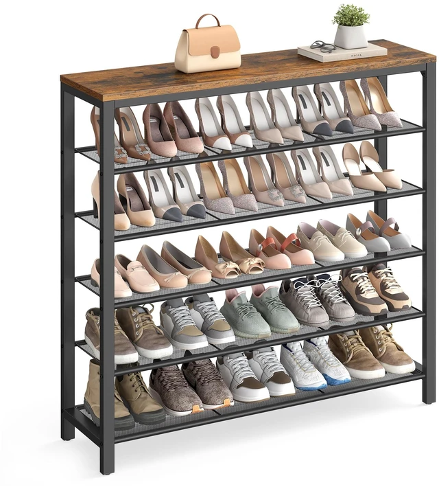 Main image of 6-Tier Shoe Rack, 24-30 Pairs, Metal Mesh | Shoe Organizer for Closet Entryway, 5 Mesh Shelves, Rustic Brown and Black, 11.8 x 39.4 x 43.3 Inches, ULBS016B01