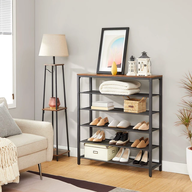 Alt view image 4 of 7 - 6-Tier Shoe Rack, 24-30 Pairs, Metal Mesh | Shoe Organizer for Closet Entryway, 5 Mesh Shelves, Rustic Brown and Black, 11.8 x 39.4 x 43.3 Inches, ULBS016B01
