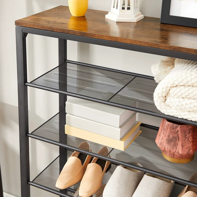 Alt view image 7 of 7 - 6-Tier Shoe Rack, 24-30 Pairs, Metal Mesh | Shoe Organizer for Closet Entryway, 5 Mesh Shelves, Rustic Brown and Black, 11.8 x 39.4 x 43.3 Inches, ULBS016B01