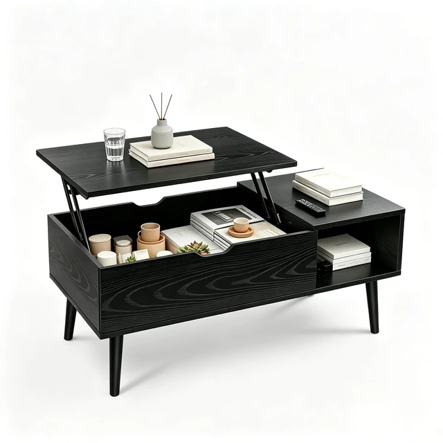 Main image of Wood Lift Top Coffee Table with Hidden Compartment and Storage Shelf | Wood,Lift Top, Hidden Compartment, Storage Shelf, Center Table, Home, Living Room, Office, Black