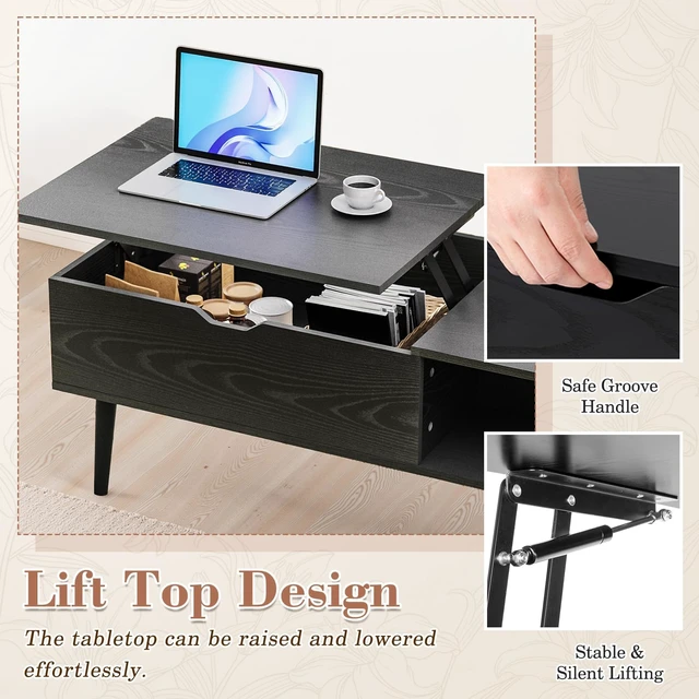 Alt view image 2 of 7 - Wood Lift Top Coffee Table with Hidden Compartment and Storage Shelf | Wood,Lift Top, Hidden Compartment, Storage Shelf, Center Table, Home, Living Room, Office, Black