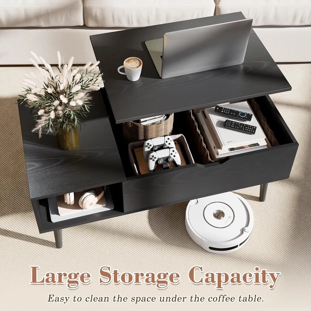 Alt view image 4 of 7 - Wood Lift Top Coffee Table with Hidden Compartment and Storage Shelf | Wood,Lift Top, Hidden Compartment, Storage Shelf, Center Table, Home, Living Room, Office, Black