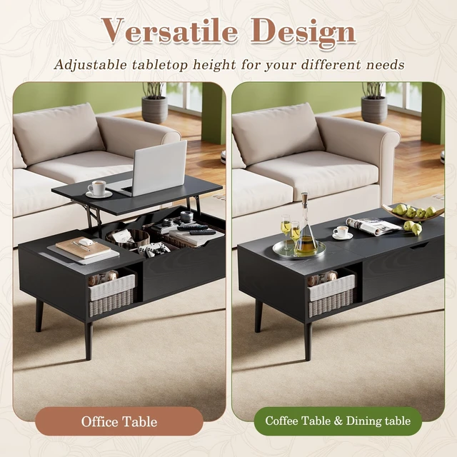 Alt view image 5 of 7 - Wood Lift Top Coffee Table with Hidden Compartment and Storage Shelf | Wood,Lift Top, Hidden Compartment, Storage Shelf, Center Table, Home, Living Room, Office, Black