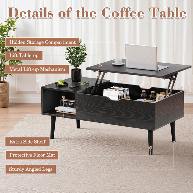 Alt view image 6 of 7 - Wood Lift Top Coffee Table with Hidden Compartment and Storage Shelf | Wood,Lift Top, Hidden Compartment, Storage Shelf, Center Table, Home, Living Room, Office, Black