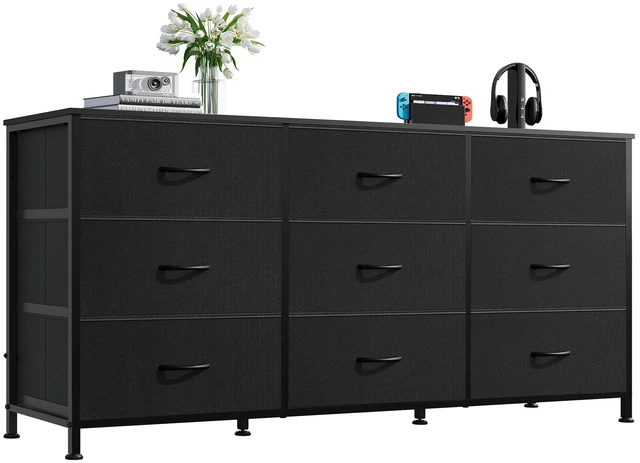Main image of Dresser TV Stand for 55'' TV, 9 Fabric Drawers of Wide Dresser, Black | Dresser for Bedroom with Steel Frame, Chest of Drawers with Wood Top, Easy to Assemble, Large Storage Capacity