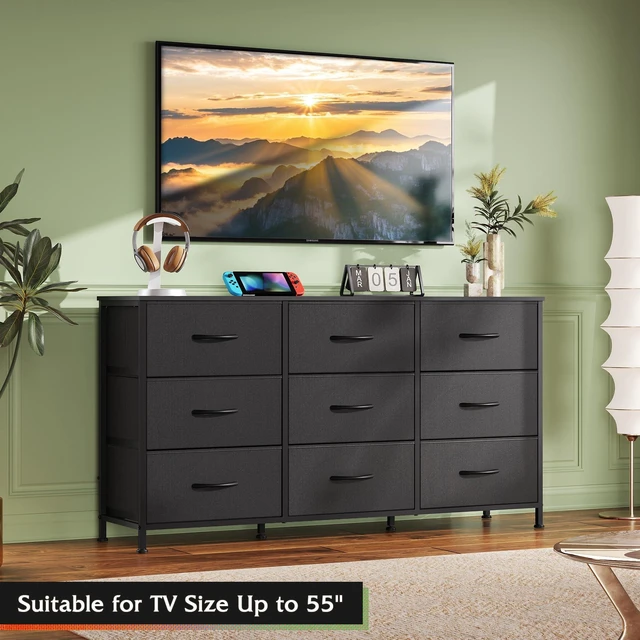 Alt view image 3 of 7 - Dresser TV Stand for 55'' TV, 9 Fabric Drawers of Wide Dresser, Black | Dresser for Bedroom with Steel Frame, Chest of Drawers with Wood Top, Easy to Assemble, Large Storage Capacity