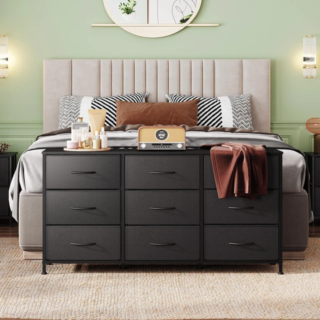 Alt view image 2 of 7 - Dresser TV Stand for 55'' TV, 9 Fabric Drawers of Wide Dresser, Black | Dresser for Bedroom with Steel Frame, Chest of Drawers with Wood Top, Easy to Assemble, Large Storage Capacity
