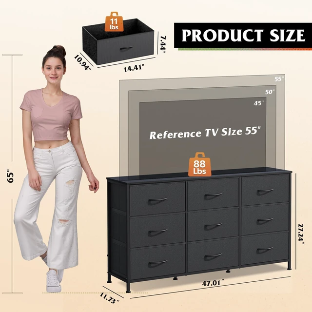 Alt view image 4 of 7 - Dresser TV Stand for 55'' TV, 9 Fabric Drawers of Wide Dresser, Black | Dresser for Bedroom with Steel Frame, Chest of Drawers with Wood Top, Easy to Assemble, Large Storage Capacity
