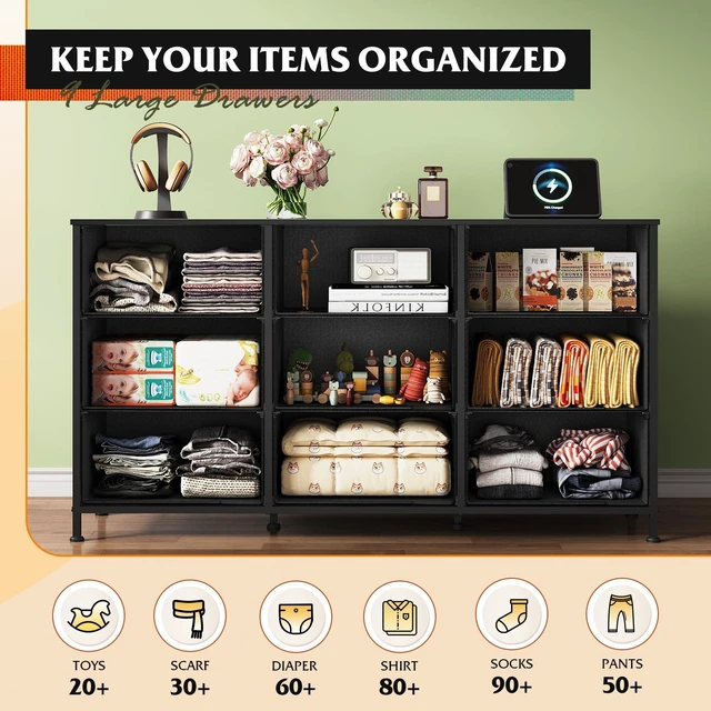 Alt view image 7 of 7 - Dresser TV Stand for 55'' TV, 9 Fabric Drawers of Wide Dresser, Black | Dresser for Bedroom with Steel Frame, Chest of Drawers with Wood Top, Easy to Assemble, Large Storage Capacity