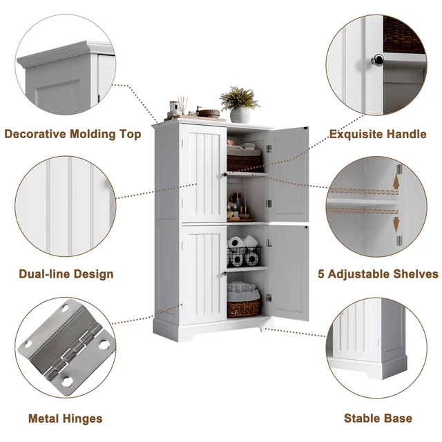 Alt view image 4 of 7 - Bathroom Floor Cabinet with Adjustable Shelves | Bathroom Storage Cabinet, 4 Doors, Freestanding Cupboard for Living Room, White
