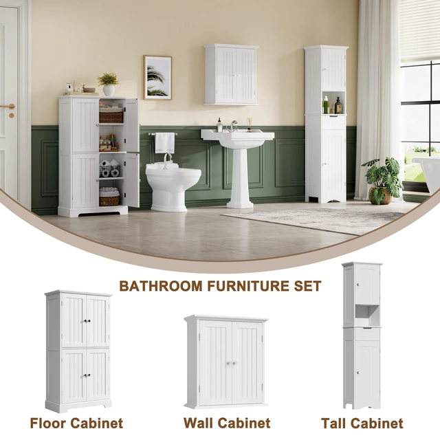 Alt view image 5 of 7 - Bathroom Floor Cabinet with Adjustable Shelves | Bathroom Storage Cabinet, 4 Doors, Freestanding Cupboard for Living Room, White