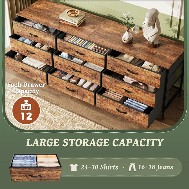 Alt view image 3 of 7 - 63 Inch Dresser for Bedroom, Dresser for Closet with 9 Fabric Drawers, Large TV Stand for 55, 65, 70 Inch TV, Entertainment Center with Storage, Wide Long Chest of Drawers, Rustic Brown