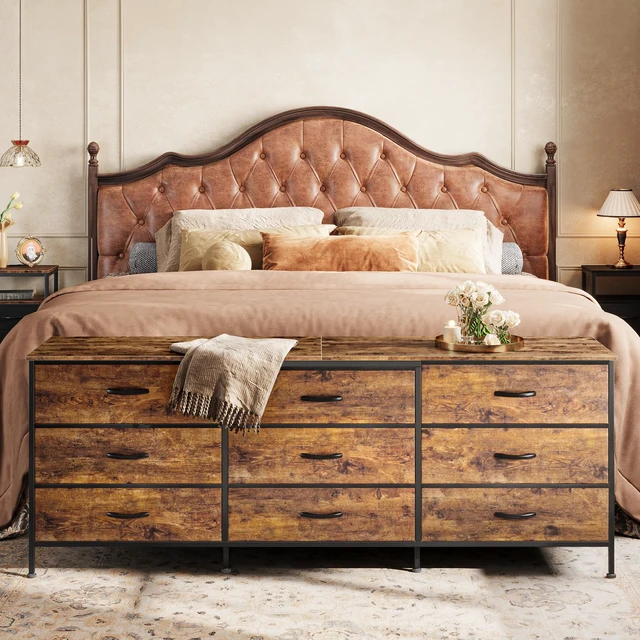 Alt view image 2 of 7 - 63 Inch Dresser for Bedroom, Dresser for Closet with 9 Fabric Drawers, Large TV Stand for 55, 65, 70 Inch TV, Entertainment Center with Storage, Wide Long Chest of Drawers, Rustic Brown