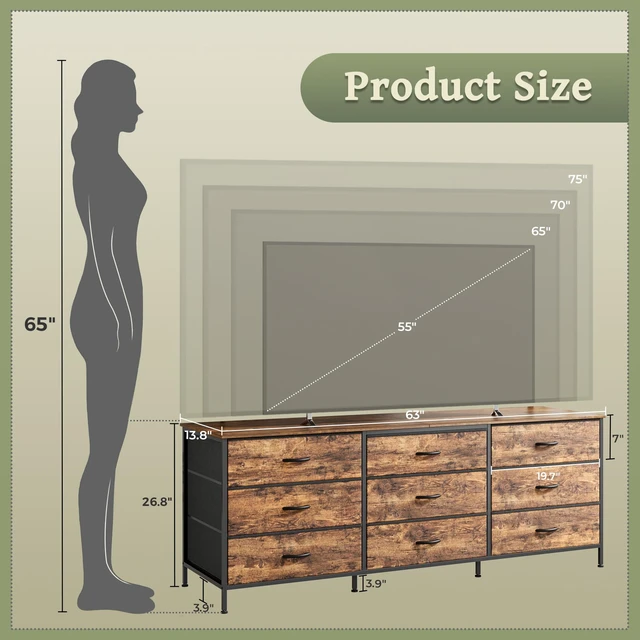 Alt view image 6 of 7 - 63 Inch Dresser for Bedroom, Dresser for Closet with 9 Fabric Drawers, Large TV Stand for 55, 65, 70 Inch TV, Entertainment Center with Storage, Wide Long Chest of Drawers, Rustic Brown