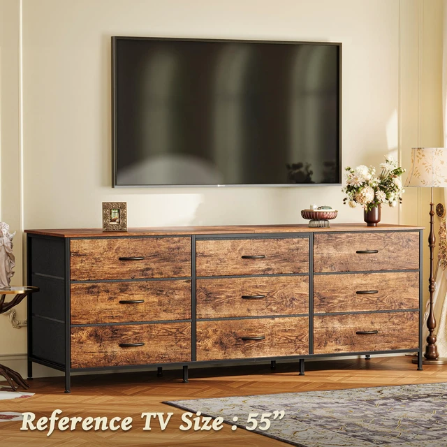 Alt view image 4 of 7 - 63 Inch Dresser for Bedroom, Dresser for Closet with 9 Fabric Drawers, Large TV Stand for 55, 65, 70 Inch TV, Entertainment Center with Storage, Wide Long Chest of Drawers, Rustic Brown