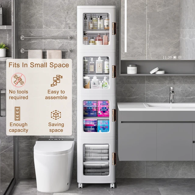 Alt view image 3 of 6 - 4-Tier Narrow Storage Cabinet with Wheels, White | Bathroom Organizers and Storage, Adjustable Shelves, Anti-Tip, Slim, for Bathroom Kitchen Laundry and Small Spaces