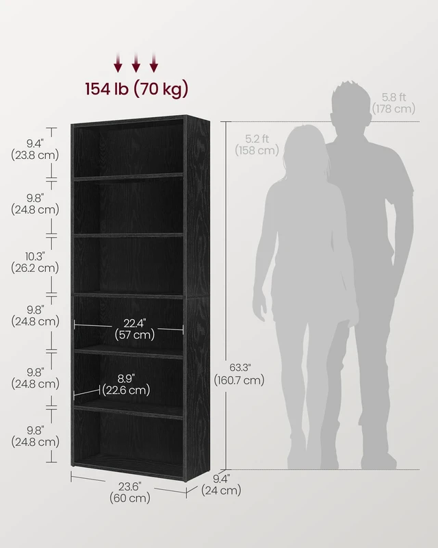 Alt view image 5 of 7 - Bookshelf, 23.6 Inches Wide, 6-Tier Open Bookcase with Adjustable Storage Shelves, Floor Standing Unit, Ebony Black ULBC166T56